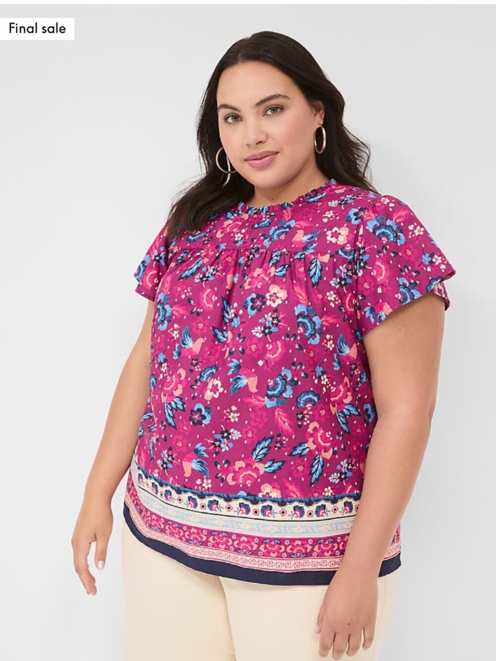 Lane Bryant Size 18 Ruffle Crew Neck Blouse Floral Pink Blouse Flutter Sleeve 2x